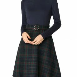 Allegra K Plaids Long Sleeve Round Neck A-Lined Dress With Belt Women