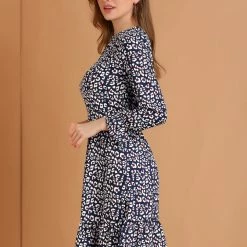 Women Allegra K Leopard Keyhole Neck Long Sleeve Dress