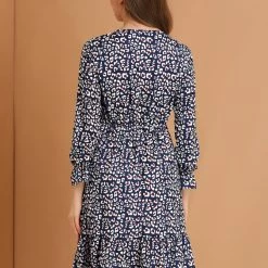 Women Allegra K Leopard Keyhole Neck Long Sleeve Dress