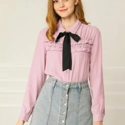 Allegra K Women's Solid Color Elegant Tie Neck Ruffled Shirts Work Office Blouse