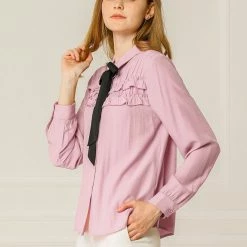 Allegra K Women's Solid Color Elegant Tie Neck Ruffled Shirts Work Office Blouse