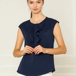 Allegra K Women's Ruffle Neck Blouse Cap Sleeves Button Placket Loose Top Shirt 23 Allegra K Women's Ruffle Neck Blouse Cap Sleeves Button Placket Loose Top Shirt