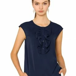 Allegra K Women's Ruffle Neck Blouse Cap Sleeves Button Placket Loose Top Shirt 20 Allegra K Women's Ruffle Neck Blouse Cap Sleeves Button Placket Loose Top Shirt