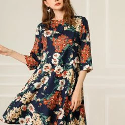 Allegra K Women's Floral Half Sleeve Dresses Vintage Boat Neck Flare Dress