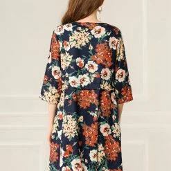 Allegra K Women's Floral Half Sleeve Dresses Vintage Boat Neck Flare Dress