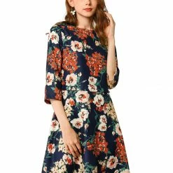 Allegra K Women's Floral Half Sleeve Dresses Vintage Boat Neck Flare Dress