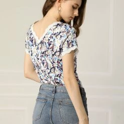 Allegra K Women's Floral Short Sleeve Back V Neck Lace Trim Casual Tee T-Shirt 21 Allegra K Women's Floral Short Sleeve Back V Neck Lace Trim Casual Tee T-Shirt
