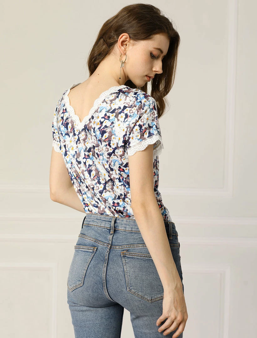 Allegra K Women's Floral Short Sleeve Back V Neck Lace Trim Casual Tee T-Shirt 10 Allegra K Women's Floral Short Sleeve Back V Neck Lace Trim Casual Tee T-Shirt