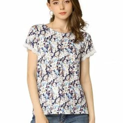 Allegra K Women's Floral Short Sleeve Back V Neck Lace Trim Casual Tee T-Shirt 22 Allegra K Women's Floral Short Sleeve Back V Neck Lace Trim Casual Tee T-Shirt