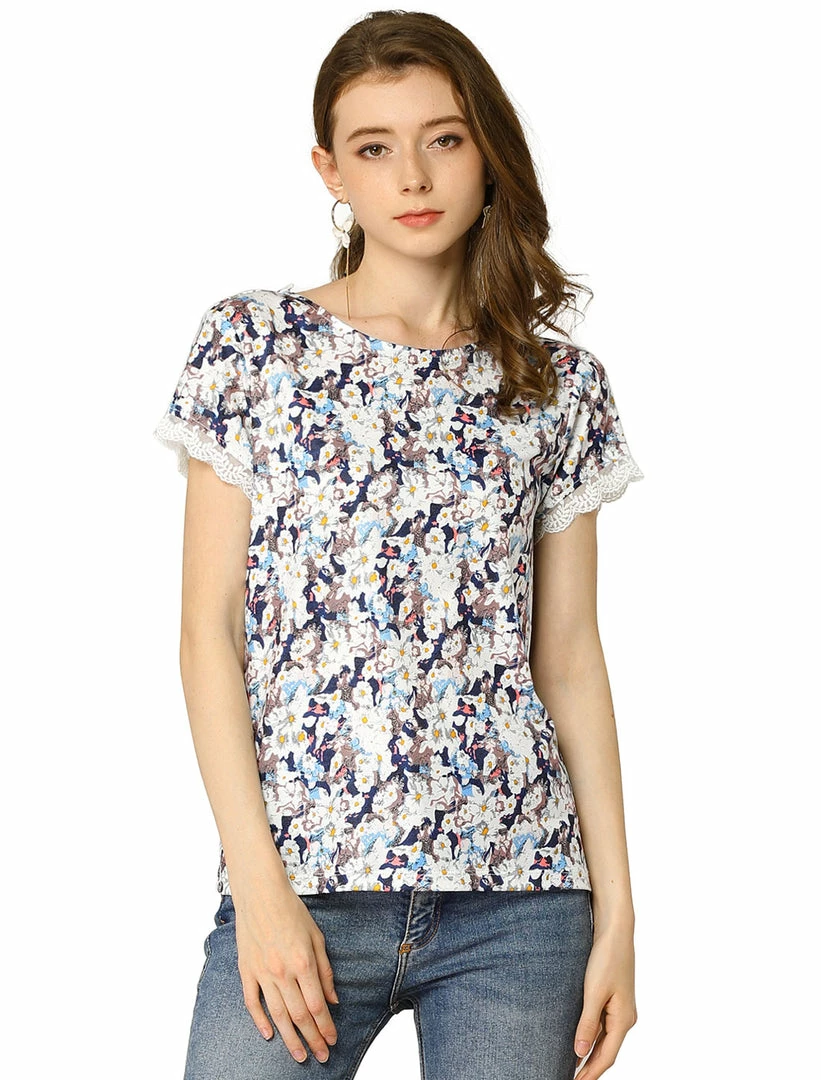 Allegra K Women's Floral Short Sleeve Back V Neck Lace Trim Casual Tee T-Shirt 11 Allegra K Women's Floral Short Sleeve Back V Neck Lace Trim Casual Tee T-Shirt