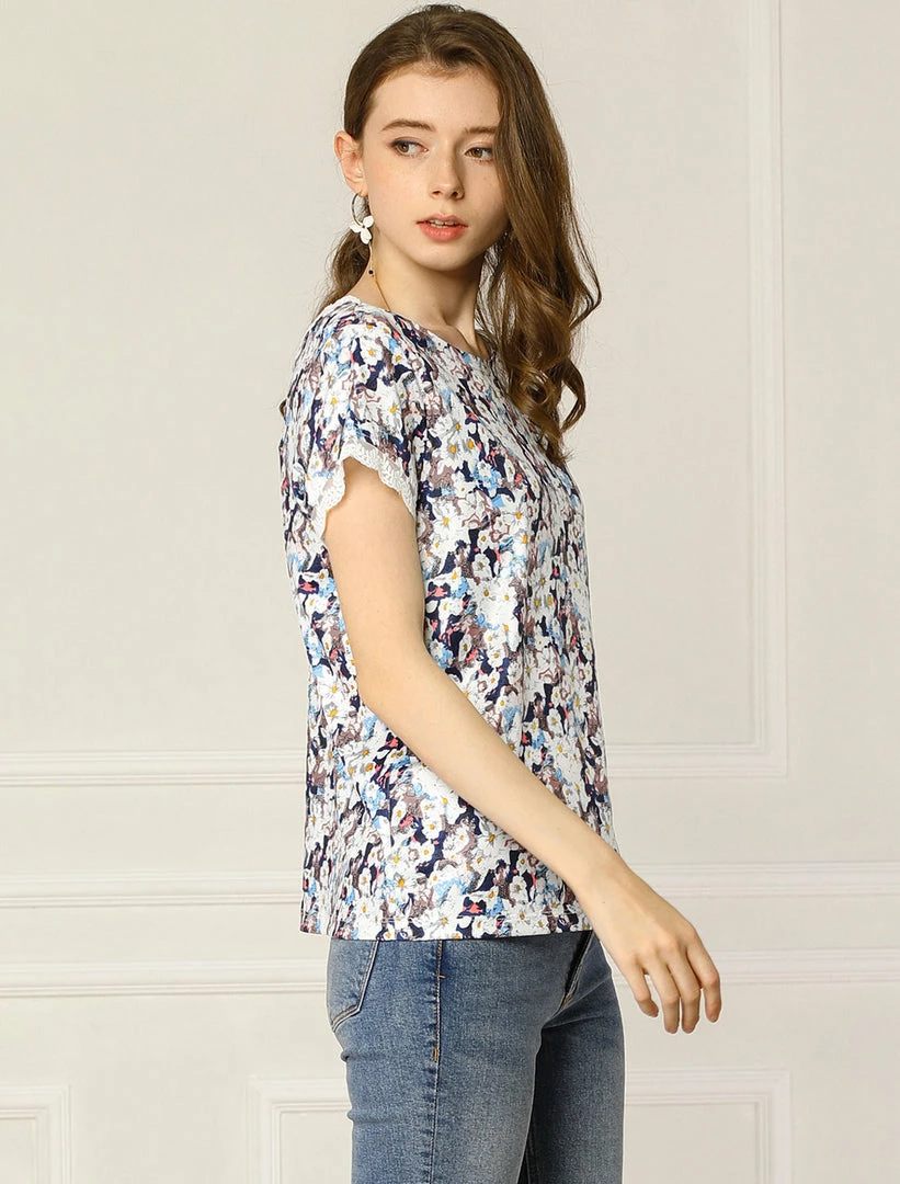 Allegra K Women's Floral Short Sleeve Back V Neck Lace Trim Casual Tee T-Shirt 12 Allegra K Women's Floral Short Sleeve Back V Neck Lace Trim Casual Tee T-Shirt