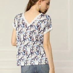 Allegra K Women's Floral Short Sleeve Back V Neck Lace Trim Casual Tee T-Shirt 24 Allegra K Women's Floral Short Sleeve Back V Neck Lace Trim Casual Tee T-Shirt