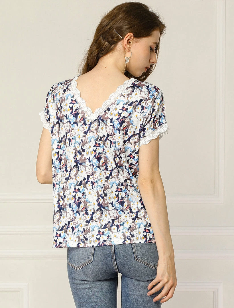 Allegra K Women's Floral Short Sleeve Back V Neck Lace Trim Casual Tee T-Shirt 13 Allegra K Women's Floral Short Sleeve Back V Neck Lace Trim Casual Tee T-Shirt