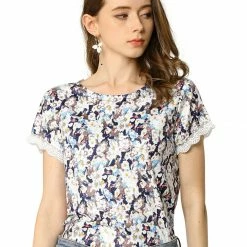 Allegra K Women's Floral Short Sleeve Back V Neck Lace Trim Casual Tee T-Shirt 20 Allegra K Women's Floral Short Sleeve Back V Neck Lace Trim Casual Tee T-Shirt