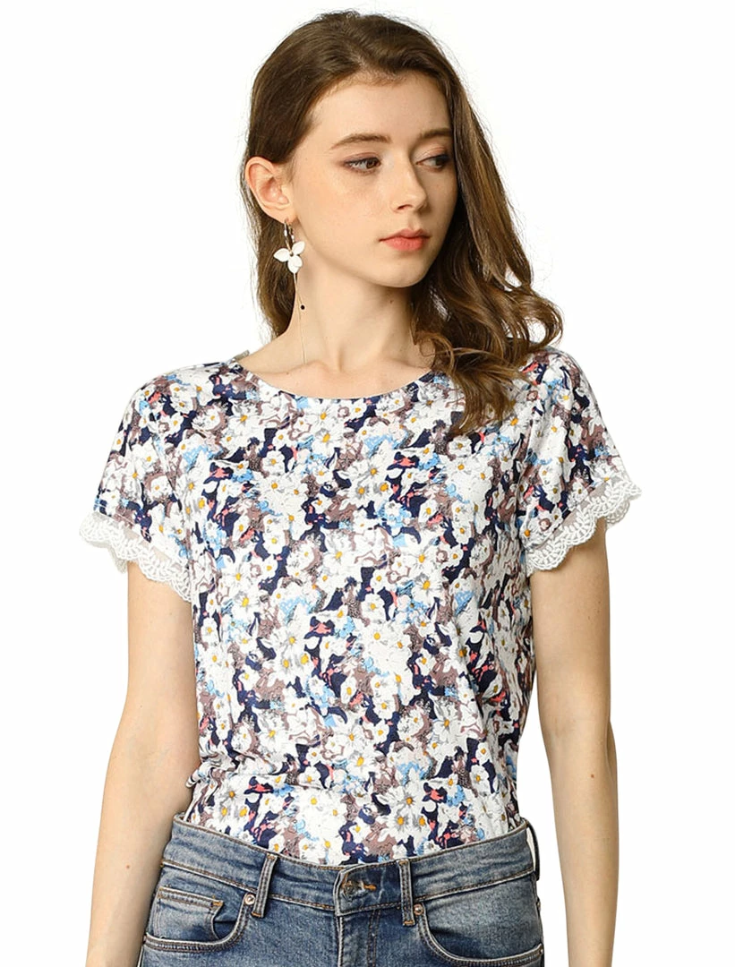 Allegra K Women's Floral Short Sleeve Back V Neck Lace Trim Casual Tee T-Shirt 9 Allegra K Women's Floral Short Sleeve Back V Neck Lace Trim Casual Tee T-Shirt