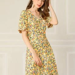 Allegra K Women's Floral Print Flare Puff Short Sleeve Cute V Neck A-Line Dress