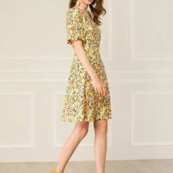 Allegra K Women's Floral Print Flare Puff Short Sleeve Cute V Neck A-Line Dress
