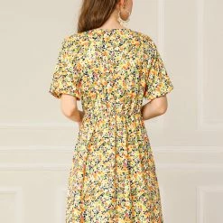 Allegra K Women's Floral Print Flare Puff Short Sleeve Cute V Neck A-Line Dress