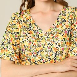 Allegra K Women's Floral Print Flare Puff Short Sleeve Cute V Neck A-Line Dress