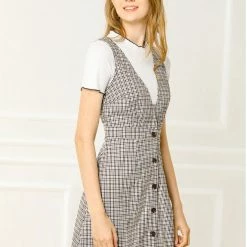 Allegra K Women's Overalls Suspenders Plaid Houndstooth Pinafore Dress