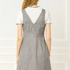 Allegra K Women's Overalls Suspenders Plaid Houndstooth Pinafore Dress