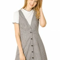 Allegra K Women's Overalls Suspenders Plaid Houndstooth Pinafore Dress
