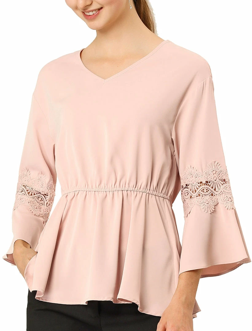 Allegra K Women's V Neck Crochet Lace Bell Sleeves Peplum Blouse Top 10 Allegra K Women's V Neck Crochet Lace Bell Sleeves Peplum Blouse Top