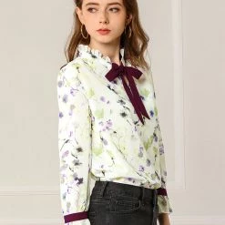 Allegra K Women's Ruffle Tie Neck Contrast Color Floral Top Blouse