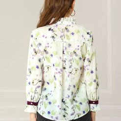 Allegra K Women's Ruffle Tie Neck Contrast Color Floral Top Blouse