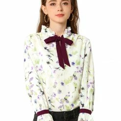 Allegra K Women's Ruffle Tie Neck Contrast Color Floral Top Blouse