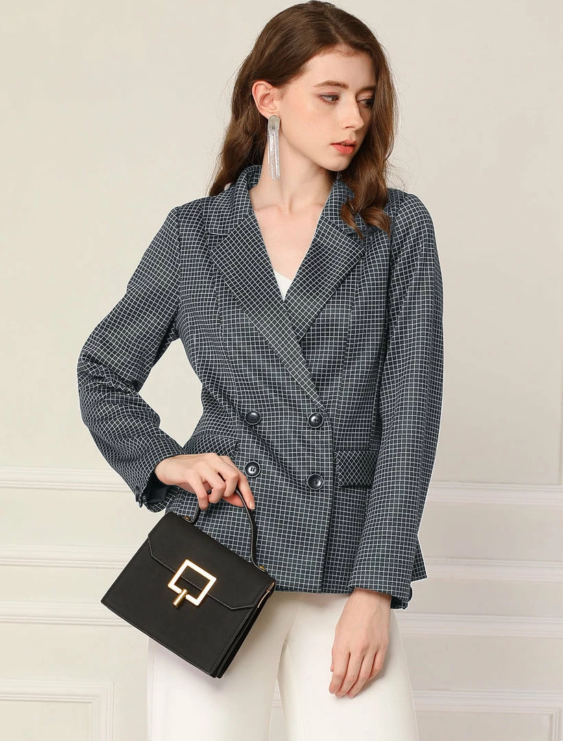 Allegra K Women's Plaid Gingham Double Breasted Open Front Formal Blazer Jacket 10 Allegra K Women's Plaid Gingham Double Breasted Open Front Formal Blazer Jacket