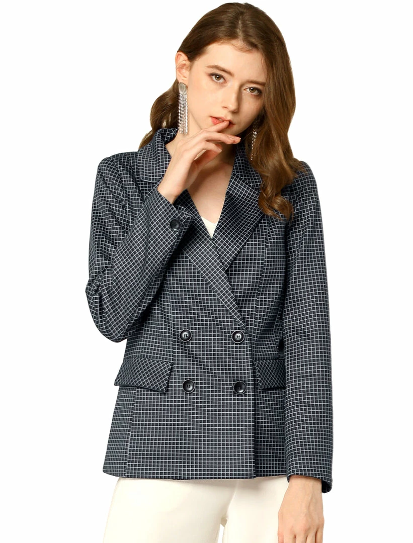 Allegra K Women's Plaid Gingham Double Breasted Open Front Formal Blazer Jacket 12 Allegra K Women's Plaid Gingham Double Breasted Open Front Formal Blazer Jacket