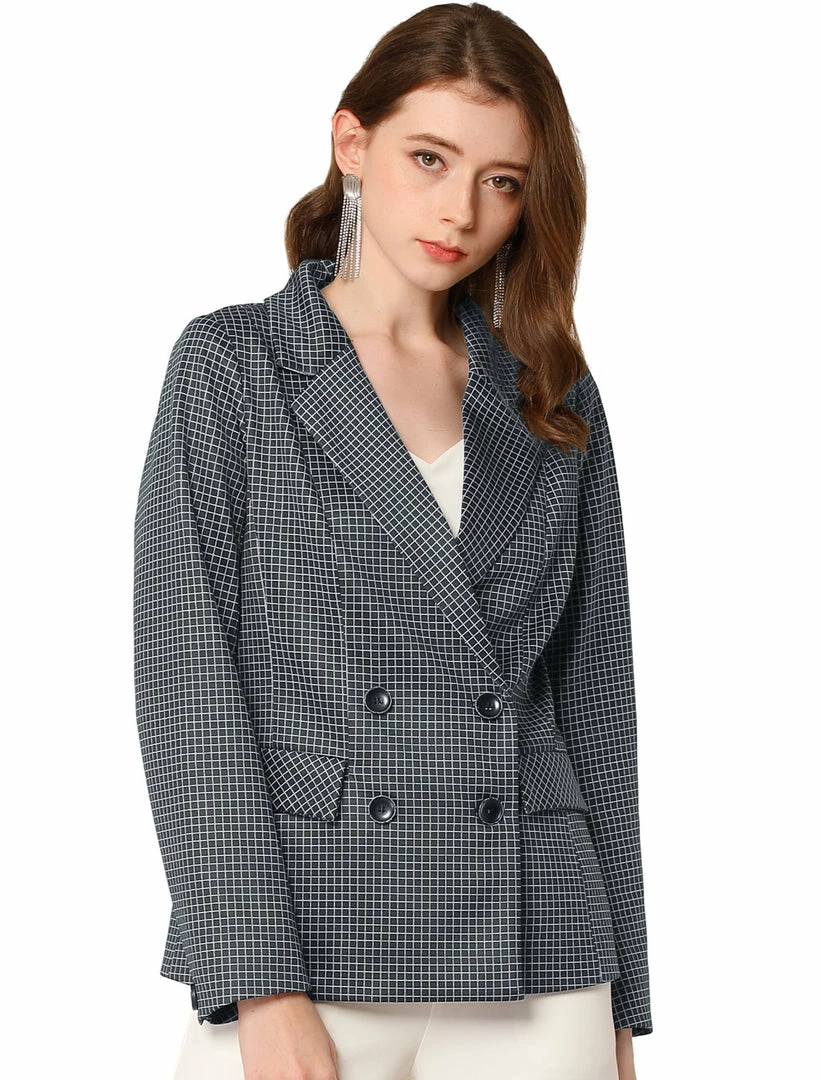 Allegra K Women's Plaid Gingham Double Breasted Open Front Formal Blazer Jacket 9 Allegra K Women's Plaid Gingham Double Breasted Open Front Formal Blazer Jacket