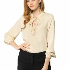 Allegra K Women's Ruffle Decor Tie Split V Neck Long Sleeves Solid Work Top