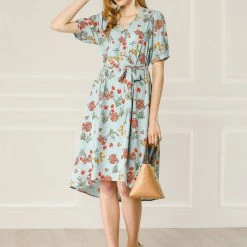Allegra K Women's Vintage V Neck Floral Print Belted Below Knee Faux Wrap Dress