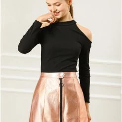 Women Allegra K Metallic Mini Skirt With Zipper Front