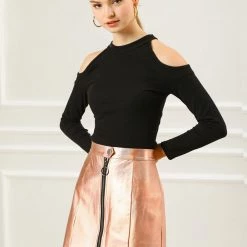 Women Allegra K Metallic Mini Skirt With Zipper Front