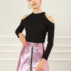 Women Allegra K Metallic Mini Skirt With Zipper Front