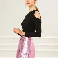 Women Allegra K Metallic Mini Skirt With Zipper Front