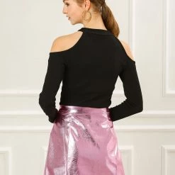 Women Allegra K Metallic Mini Skirt With Zipper Front