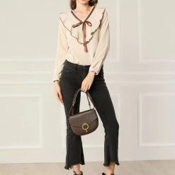 Allegra K Women's Long Sleeve Chiffon Casual Tie V Neck Ruffled Blouse Tops