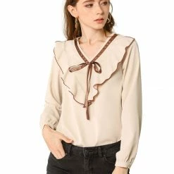 Allegra K Women's Long Sleeve Chiffon Casual Tie V Neck Ruffled Blouse Tops