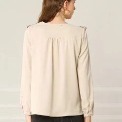 Allegra K Women's Long Sleeve Chiffon Casual Tie V Neck Ruffled Blouse Tops