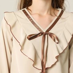 Allegra K Women's Long Sleeve Chiffon Casual Tie V Neck Ruffled Blouse Tops