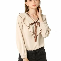 Allegra K Women's Long Sleeve Chiffon Casual Tie V Neck Ruffled Blouse Tops