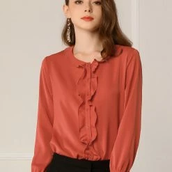 Allegra K Women's Casual Tops Long Sleeves Blouse Ruffle Button Down Shirt