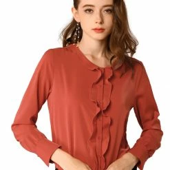 Allegra K Women's Casual Tops Long Sleeves Blouse Ruffle Button Down Shirt