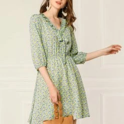 Allegra K Women's Ruffle Neck Drop Waist Bow Tie Loose Flowy Floral Dress