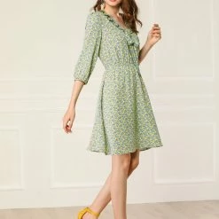 Allegra K Women's Ruffle Neck Drop Waist Bow Tie Loose Flowy Floral Dress