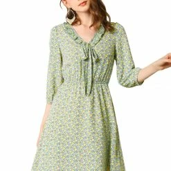 Allegra K Women's Ruffle Neck Drop Waist Bow Tie Loose Flowy Floral Dress